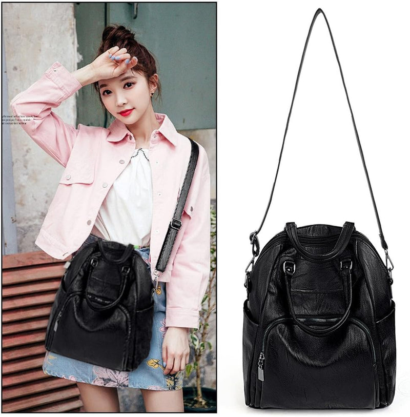 UTO Damen Rücksack Purse PU gewaschen Leder Convertible Frau Rucksack Crossbody Schultertasche schwa