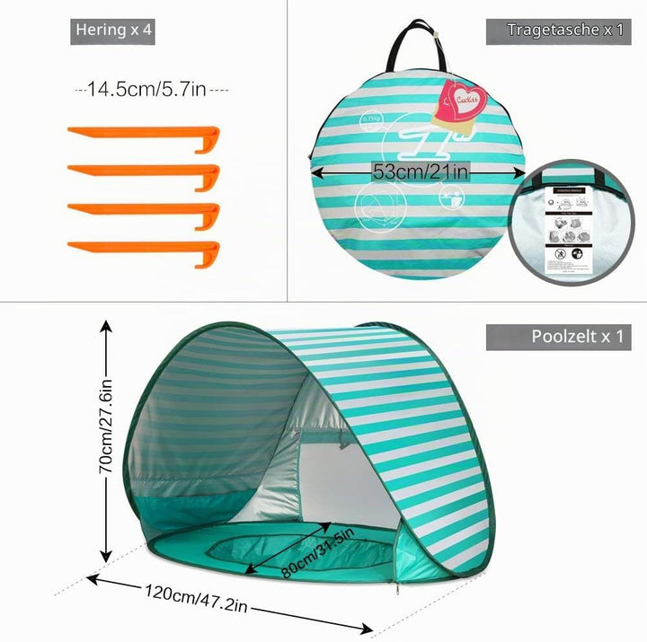 Baby Strandmuschel Pop Up Sonnenschutz Strand mit Minipool, Strandzelt UV Schutz, Atmungsaktiv Porta