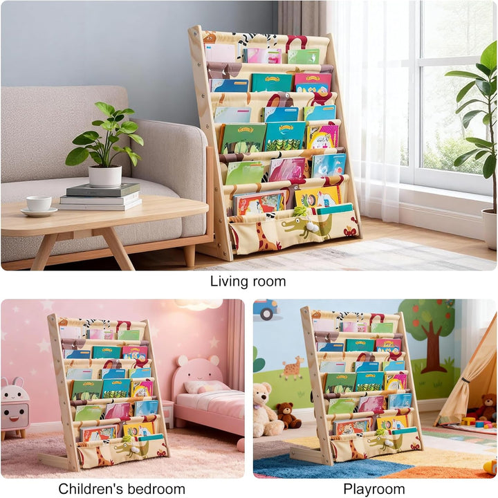 Bücherregal Kinder, 6 Ebenen Bücherregal Kinderzimmer, Aufbewahrung Kinderbücherregal mit Tasche, Bü
