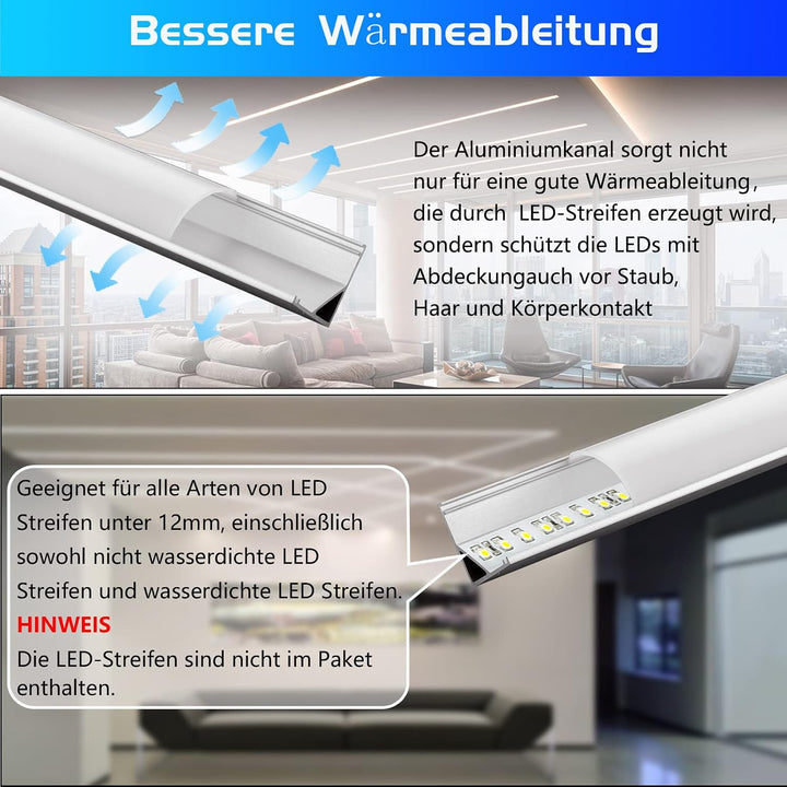 Efishine Pack of 10 LED Profiles Aluminium 10 x 1 m, V-Shape Aluminium Profiles with Milky Cover, En