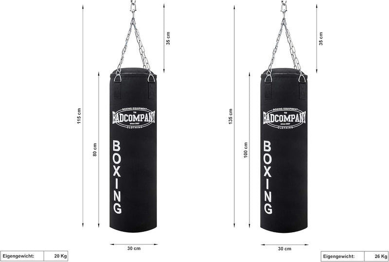 Bad Company Boxsack inkl. Heavy Duty Stahlkette I Canvas Punching Bag, gefüllt/ungefüllt I 80 x 30 c
