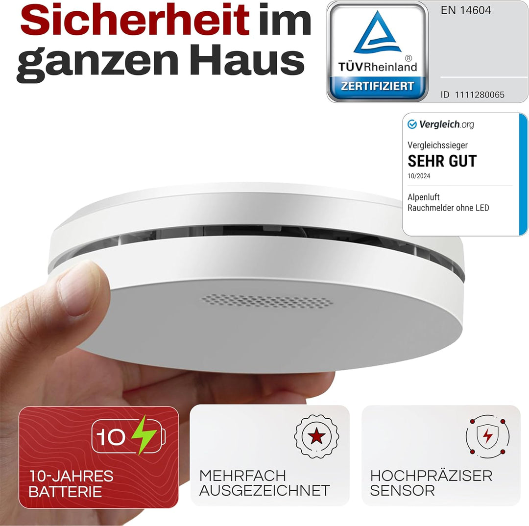 ALPENLUFT Rauchmelder 10 Jahre Batterie, Feuermelder Flach, Rauchwarnmelder, Brandmelder, | Ohne Boh