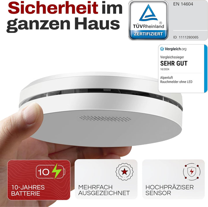 ALPENLUFT Rauchmelder 10 Jahre Batterie, Feuermelder Flach, Rauchwarnmelder, Brandmelder, | Ohne Boh