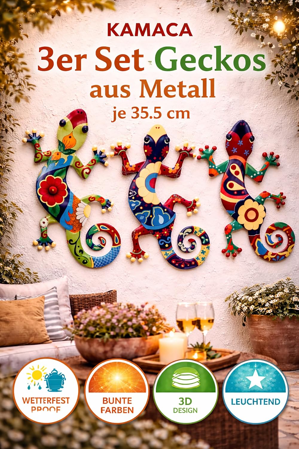 KAMACA 3er Set Metall Gecko Wanddeko bunt – je 35,5 x 22 cm – farbenfrohe Garten Deko zum Hängen – W