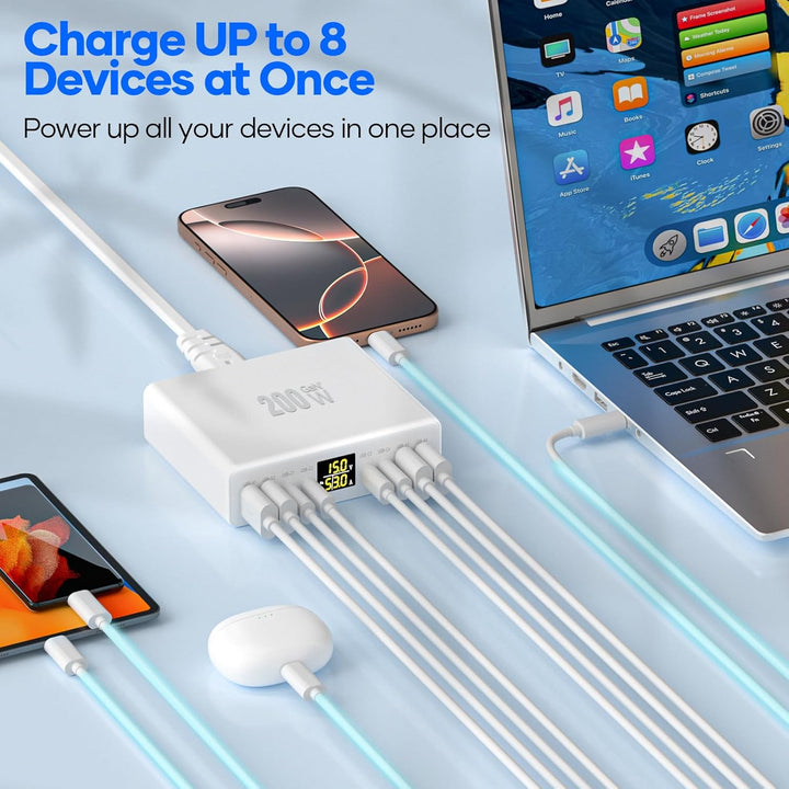 USB C Ladegerät Mehrfach 8-Port mit LED Anzeige, YSYFAD 200W GAN USB Ladestation PPS PD Type C Netzt