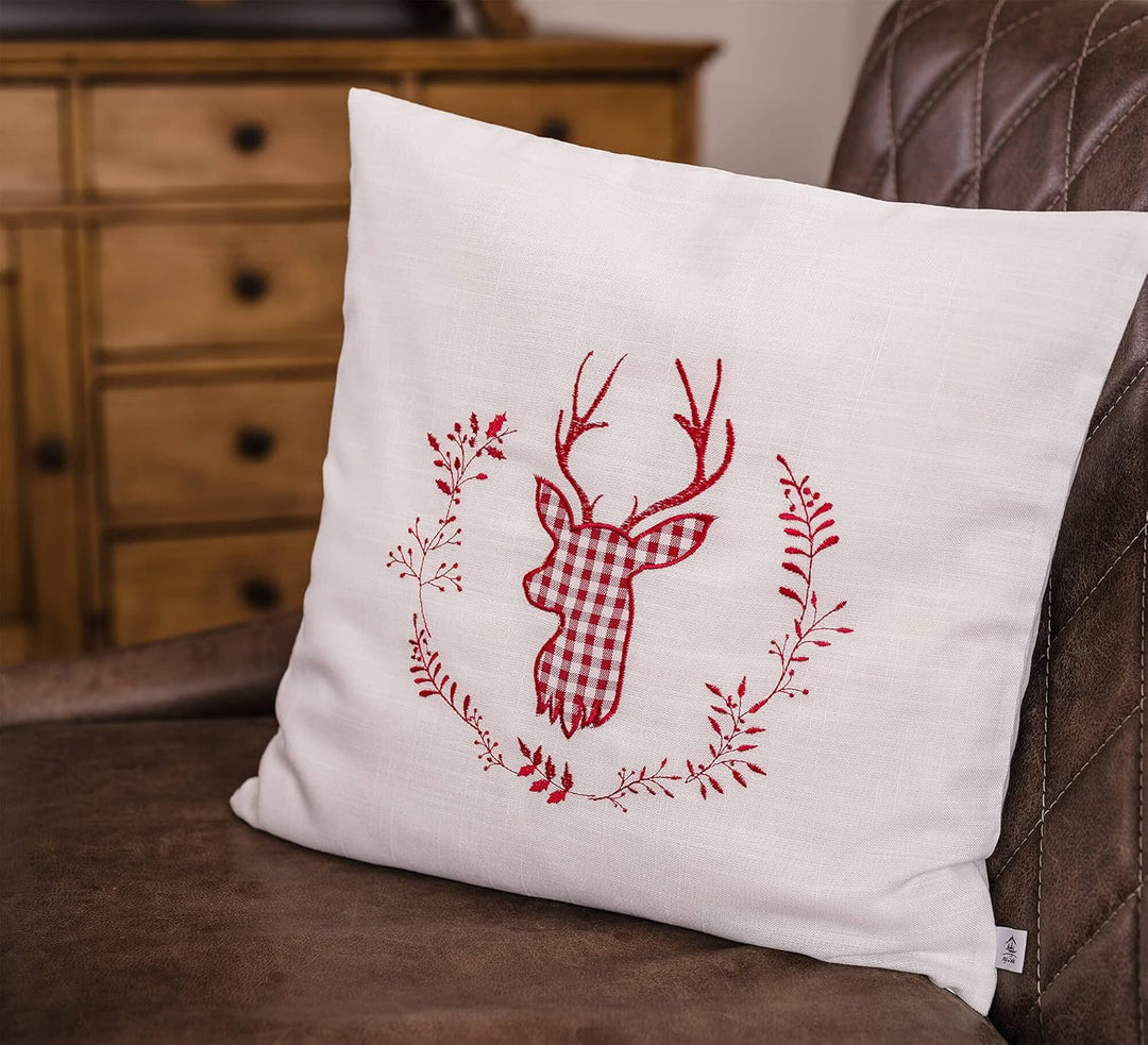 Zirbenkissen beige rot bestickt mit Hirsch Grösse 40x40 cm befüllt mit Zirbenflocken aus Alpen Zirbe