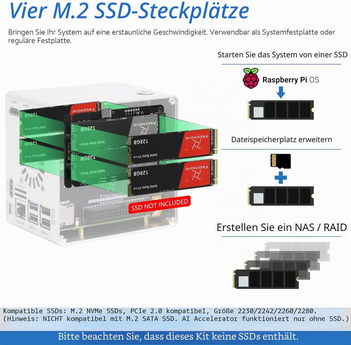 FREENOVE NAS Case for Raspberry Pi 5 (NOT Included), Quad M.2 NVMe SSD Slots, PWM ARGB Fans Light Sy
