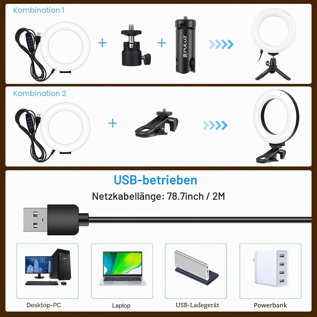 PULUZ Ringlicht PC mit Clip & Stativ 5 Zoll Videokonferenz Licht Dimmbares 3 Lichtfarben+Helligkeit