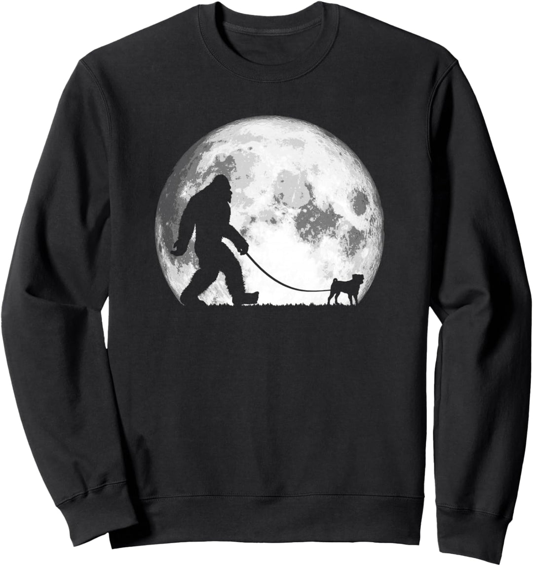 Bigfoot & Pug Funny Night Time Dog Walking Grafik Sweatshirt