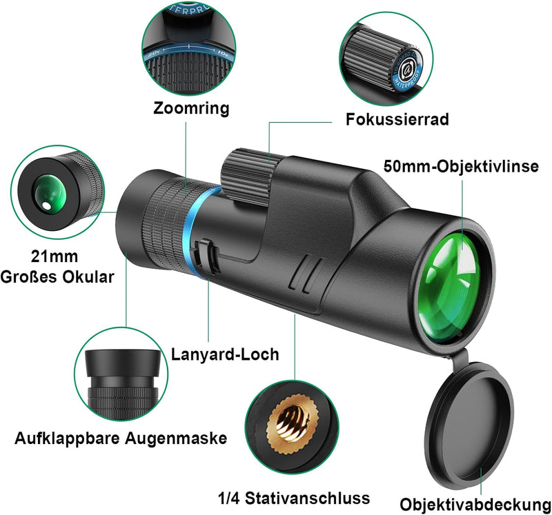 APEXEL 10-20X50 Optischer Zoom Monocular Telescope,HD Monokulare Fernrohr Erwachsene, BAK4/FMC Wasse