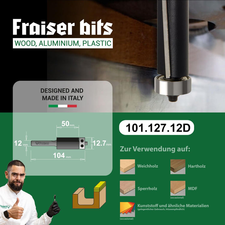 Fraiser Bündigfräser mit Anlaufring unten - 2 HM-Schneiden, Schnitthöhe 50 mm, Schaft 12 mm - für Ob