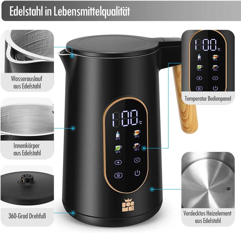 ForMe Edelstahl Wasserkocher 1,7 L mit Temperatureinstellung Temperaturwahl 40-100°C I LED Digitale