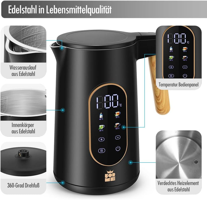 ForMe Edelstahl Wasserkocher 1,7 L mit Temperatureinstellung Temperaturwahl 40-100°C I LED Digitale