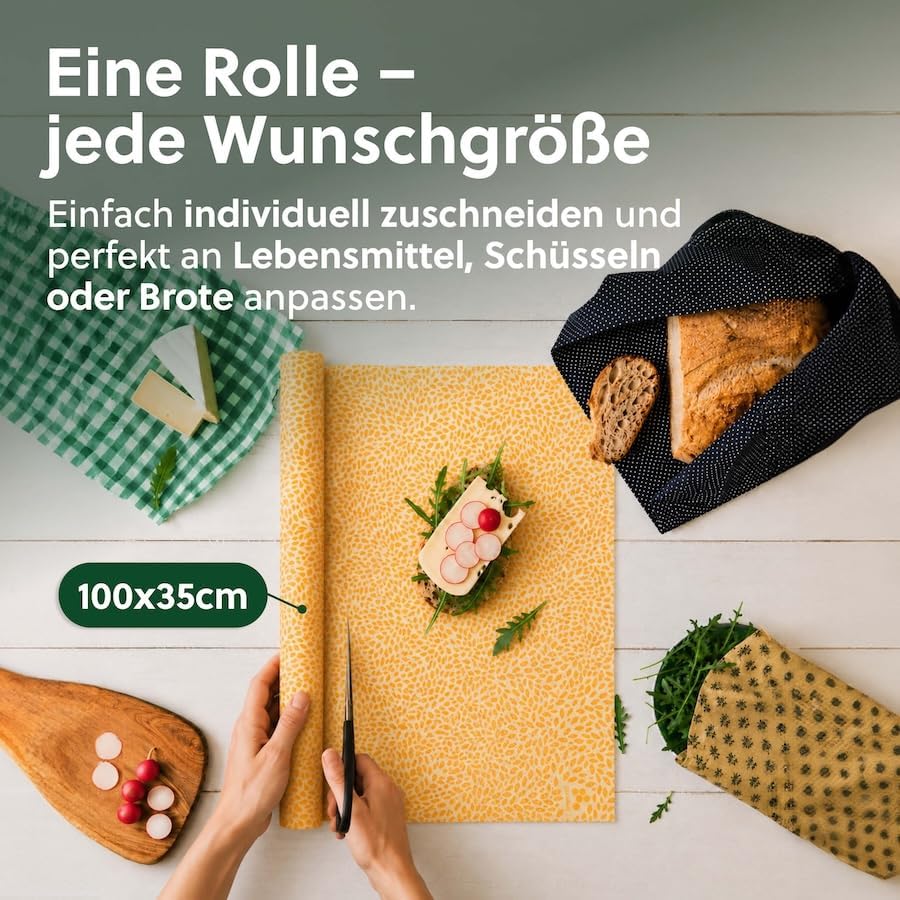beegut BIO Bienenwachstücher Rolle 100x35cm, Nachhaltige & wiederverwendbare Frischhaltefolie zum se