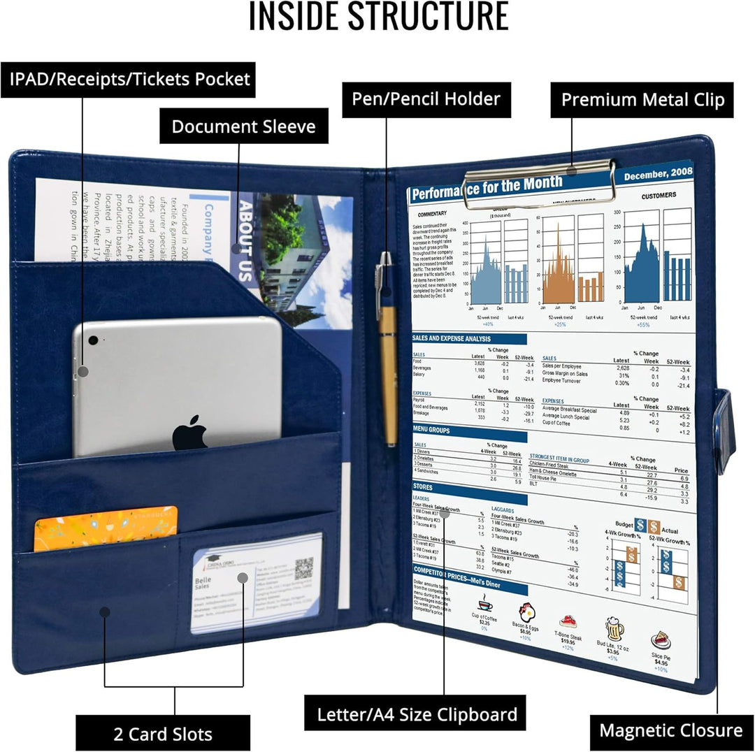 GraduatePro Schreibmappe A4 Klemmbrett Mappe mit Magnetischer Verschluss, organizer büro mappe, Blau