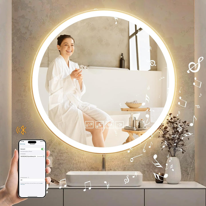 Badspiegel mit Beleuchtung mit Bluetooth Lautsprecher 60x60cm,Runden LED Badezimmerspiegel mit Entfo