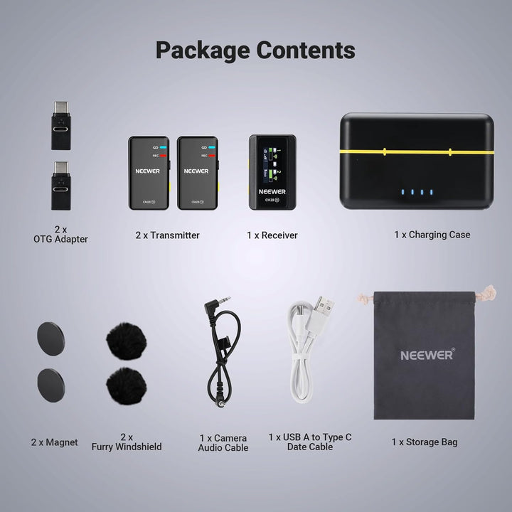 NEEWER CM28 Kabelloses Lavalier Mikrofonsystem mit Ladeetui, 1 klick Rauschunterdrückung, 4GB Speich