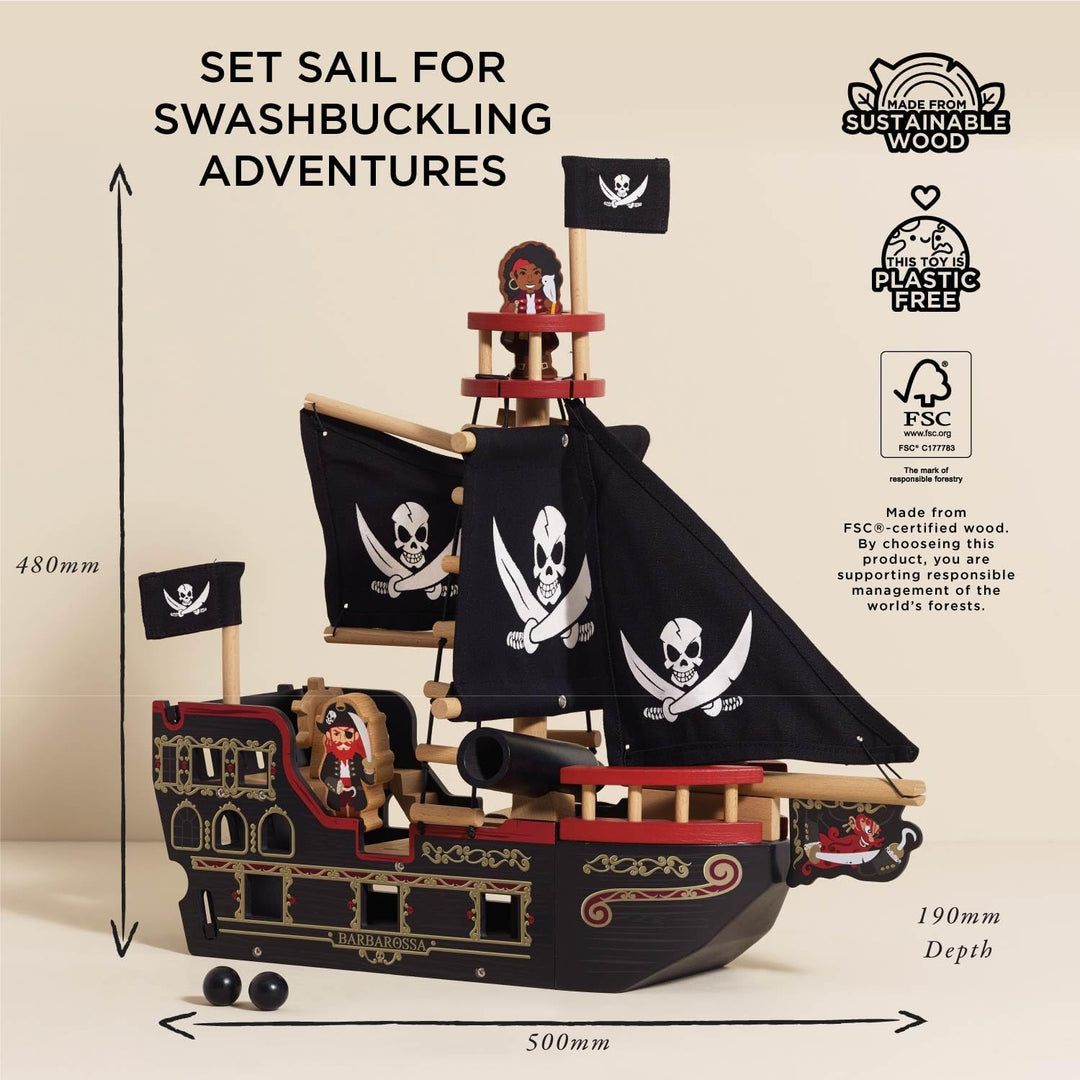 Le Toy Van – Pädagogisches Pirates Collection Piratenschiff „Barbarossa“ aus Holz, mit Kanone, Kanon
