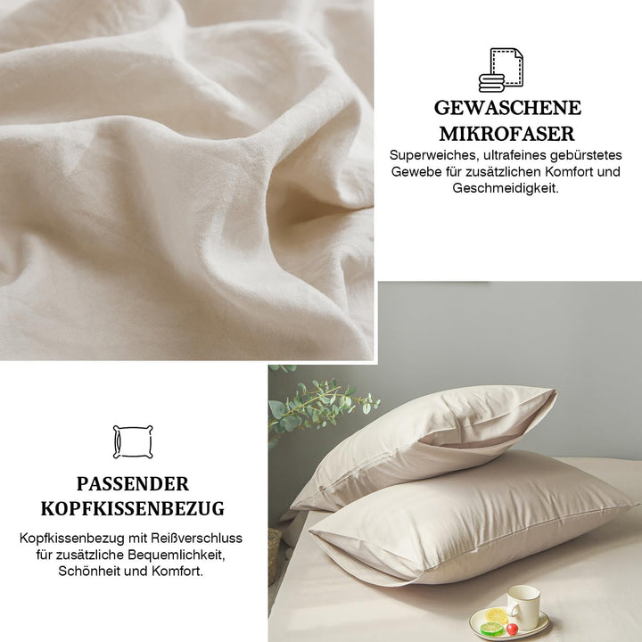 Freyamy Bettwäsche 135x200cm 2teilig Beige Unifarben Einfarbig Bettwäsche Gewaschene Microfaser Weic