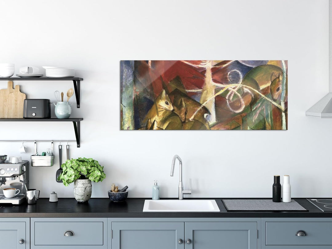 Pixxprint Glasbild Panorama, Wandbild aus Echtglas, Franz Marc - Rehe im Wald I, 100x40 cm, inkl. Au