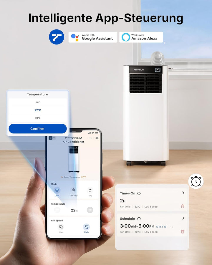 Mobile Klimaanlage 9000BTU 2,6Kw mit Abluftschlauch | 3-in-1 Mobiles Klimagerät | Fensterabdichtung