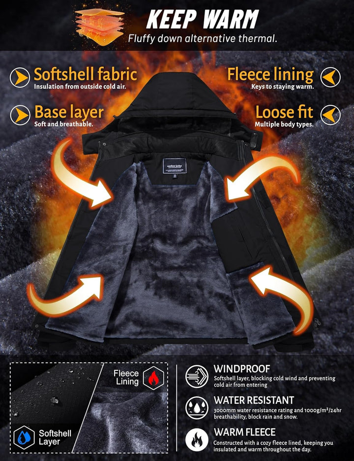 TACVASEN Herren Winter Wasserdichte Winddichte Winterjacke Warme Fleece-Futter Ski Regenmantel mit K