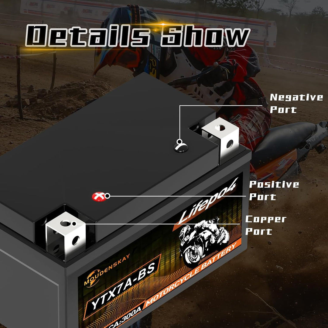 MOUDENSKAY Lithium Motorrad Batterie 12V Lithium Powersports Batterie mit BMS (YTX7A-BS 12.8V 3Ah 30
