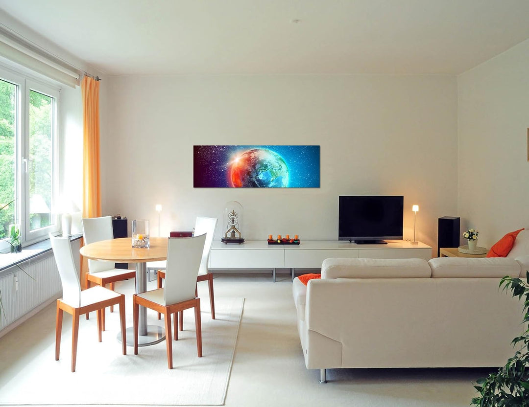 Paul Sinus Art Panoramabild auf Leinwand und Keilrahmen 150x50cm Weltraum Erde Sterne Sonnenaufgang