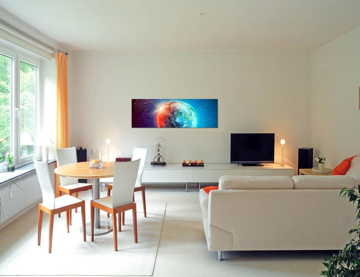 Paul Sinus Art Panoramabild auf Leinwand und Keilrahmen 150x50cm Weltraum Erde Sterne Sonnenaufgang