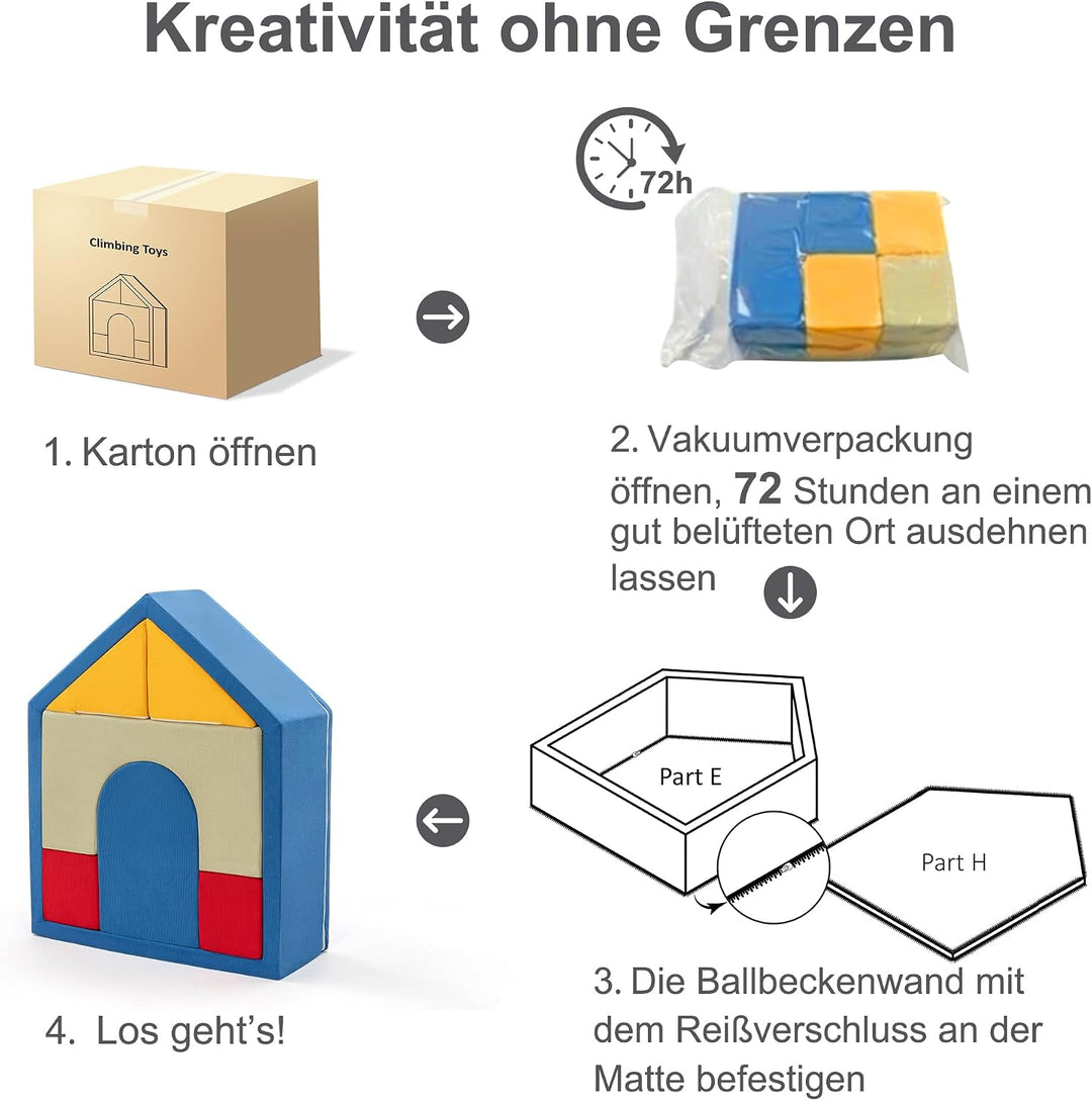 Zedachica 8PCS Softbausteine Baby mit Hausförmigem Bällebad, Schaumstoff Bausteine Kinder für Indoor