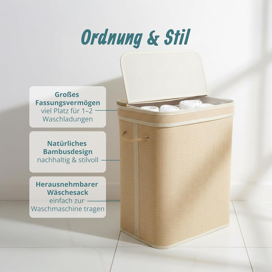 Relaxdays Wäschekorb mit Deckel, Bambus, 90 l, Faltbare Wäschebox, HxBxT: 61 x 49 x 33 cm, Badezimme