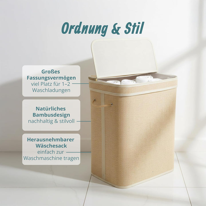 Relaxdays Wäschekorb mit Deckel, Bambus, 90 l, Faltbare Wäschebox, HxBxT: 61 x 49 x 33 cm, Badezimme