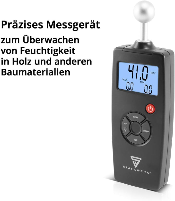 STAHLWERK FM-100 ST Profi Feuchtigkeitsmessgerät mit 40 mm Messtiefe und Kugelkopf, präziser Feuchti