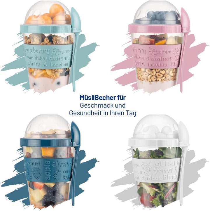 Müslibecher to go mit Löffel, 4er SET 600ml, Praktischer Joghurtbecher to go, Wiederverwendbarer Müs