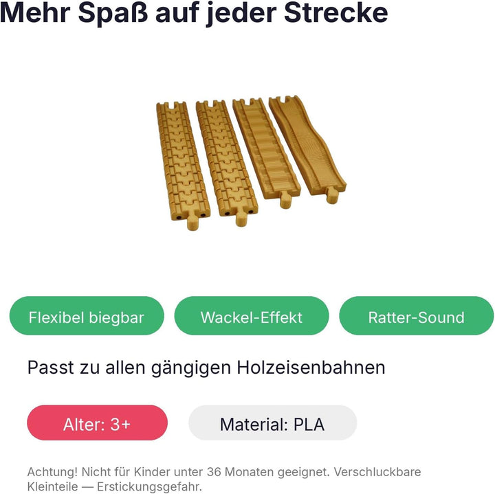 Schienen Set 4-teilig Gold - Flexible Schienen, Wackel- &amp; Ratterschiene für Holzeisenbahn, Gold