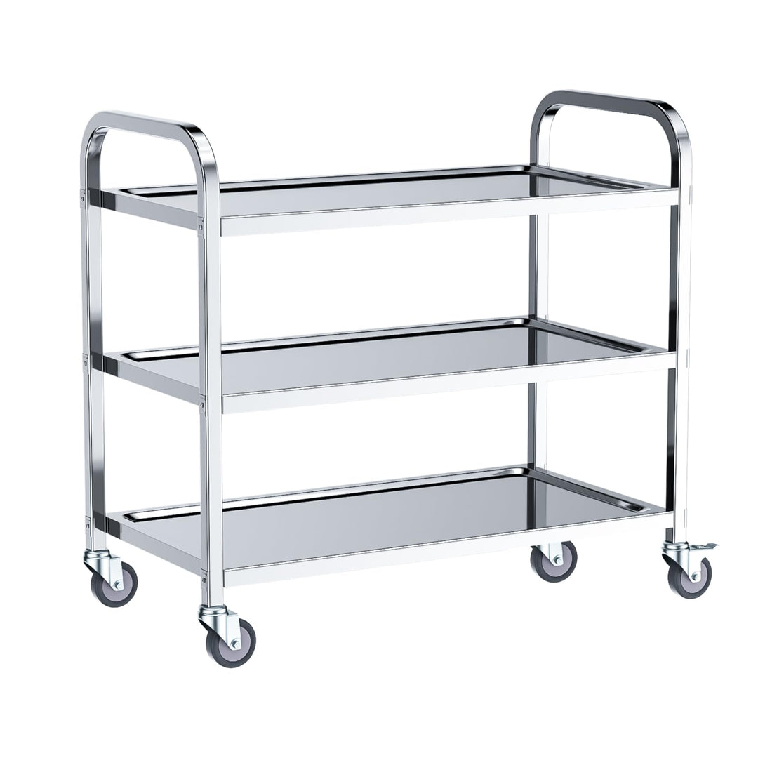 3-stufiger Catering Servierwagen, Edelstahl Küchen-Esswagen 95x50x95 cm, geräuschlos rollend, für kl