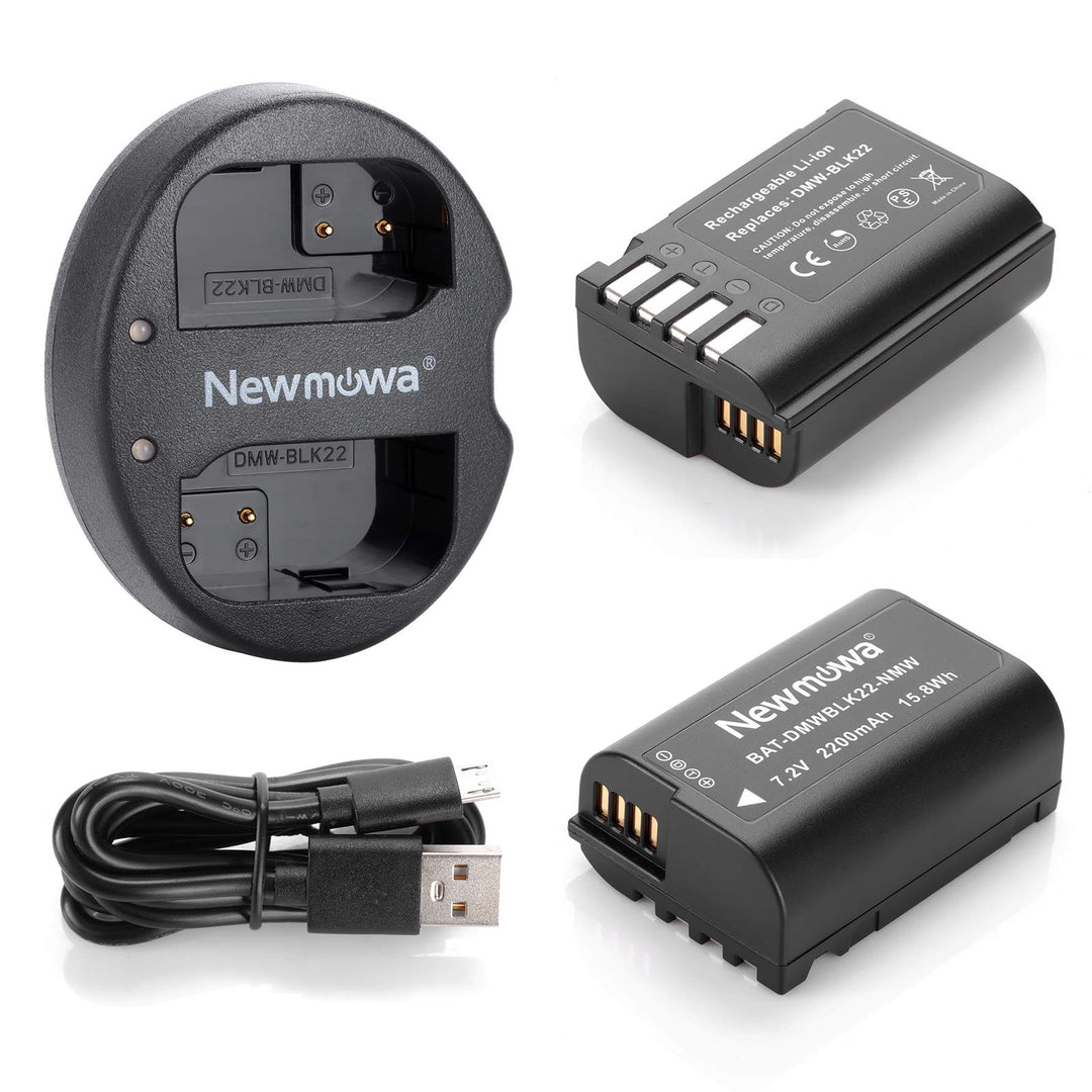 Newmowa Ersatz Akku DMW-BLK22 (2er Pack) und Tragbar Micro USB Dual Ladegerät Kit für Panasonic DMW-