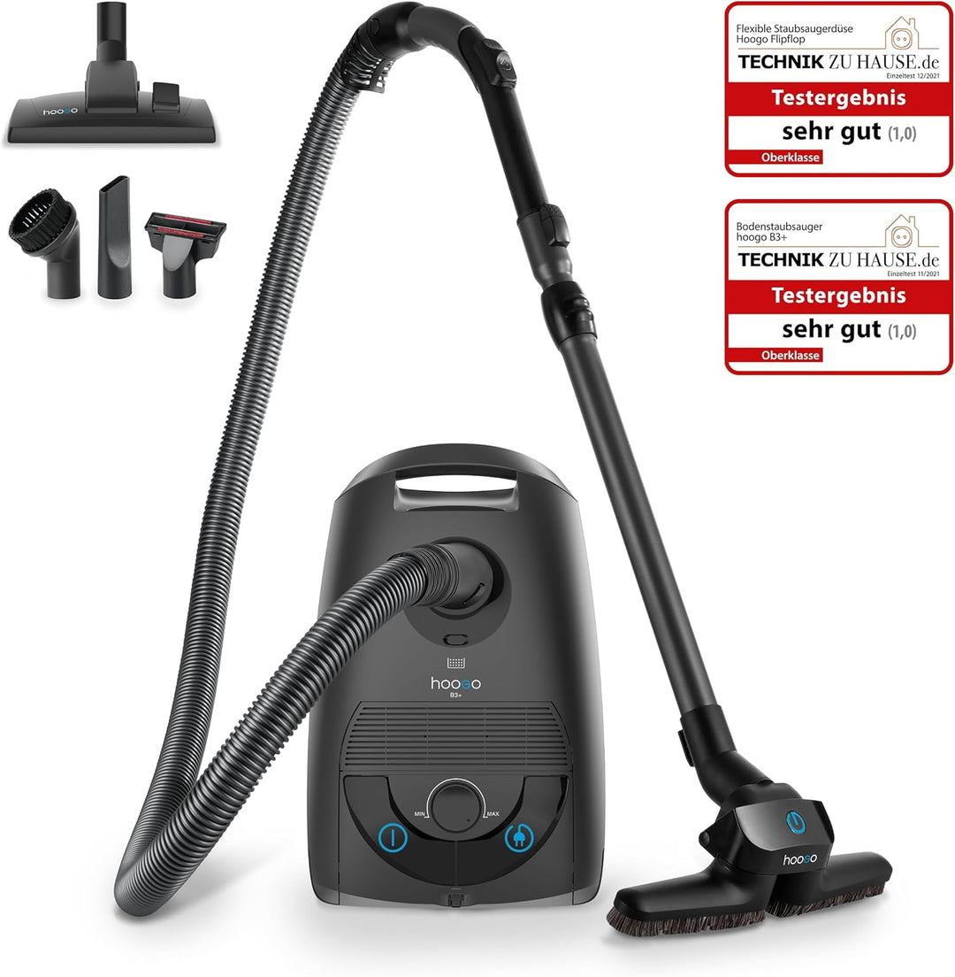 hoogo B3+ anthrazit mit Flipflop Bodendüse | Staubsauger mit Beutel | Starke 850 W Saugleistung | HE