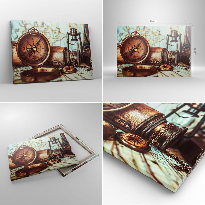 Bilder auf Leinwand Kompass Teleskop Abenteuer antik Leinwandbild 70x50cm Wandbilder Dekoration Wohn