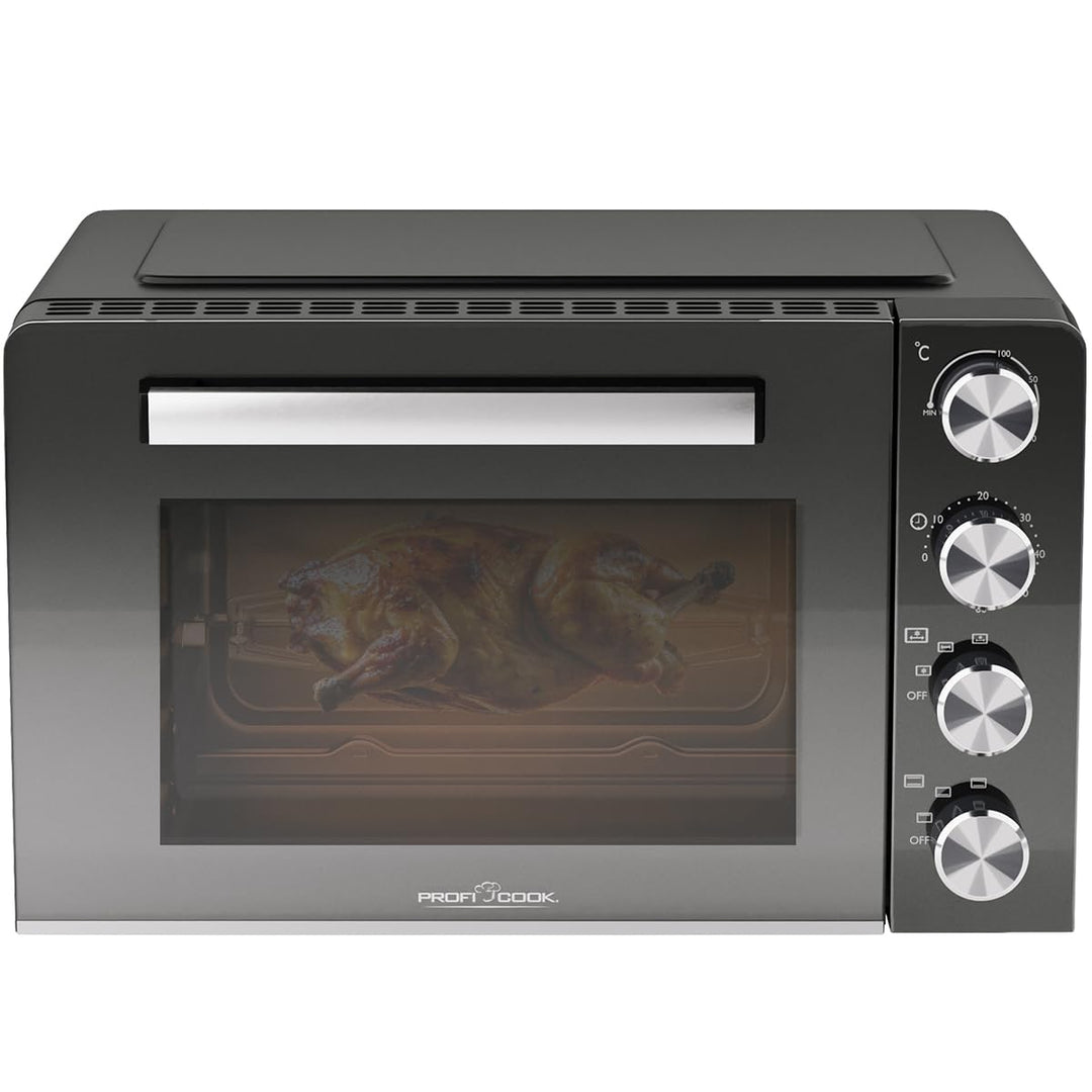 ProfiCook Minibackofen 30L | Umluft + Ober-/Unterhitze | Mini Backofen mit Drehspiess und Pizzastein