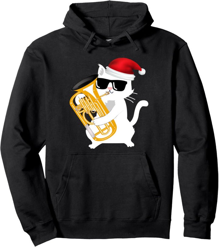 Cat Playing Euphonium Santa Hat Pullover Hoodie