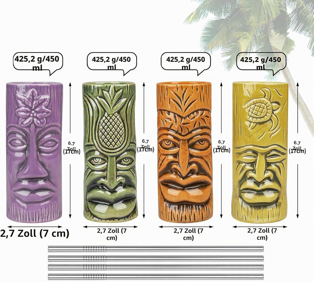 Tiki-Tassen-Set, Hawaii-Party-Becher aus Keramik mit Untersetzer, für Cocktails, hochwertiges Tassen