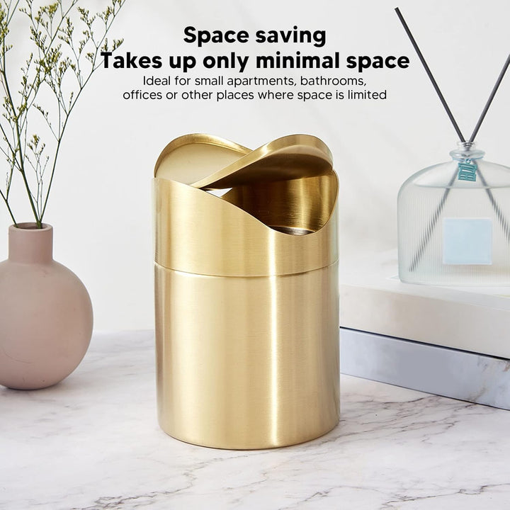 Mini Mülleimer, 16.58×12cm Edelstahl Mülleimer mit Schwing Deckel Gold Kleiner Desktop Abfallkorb fü
