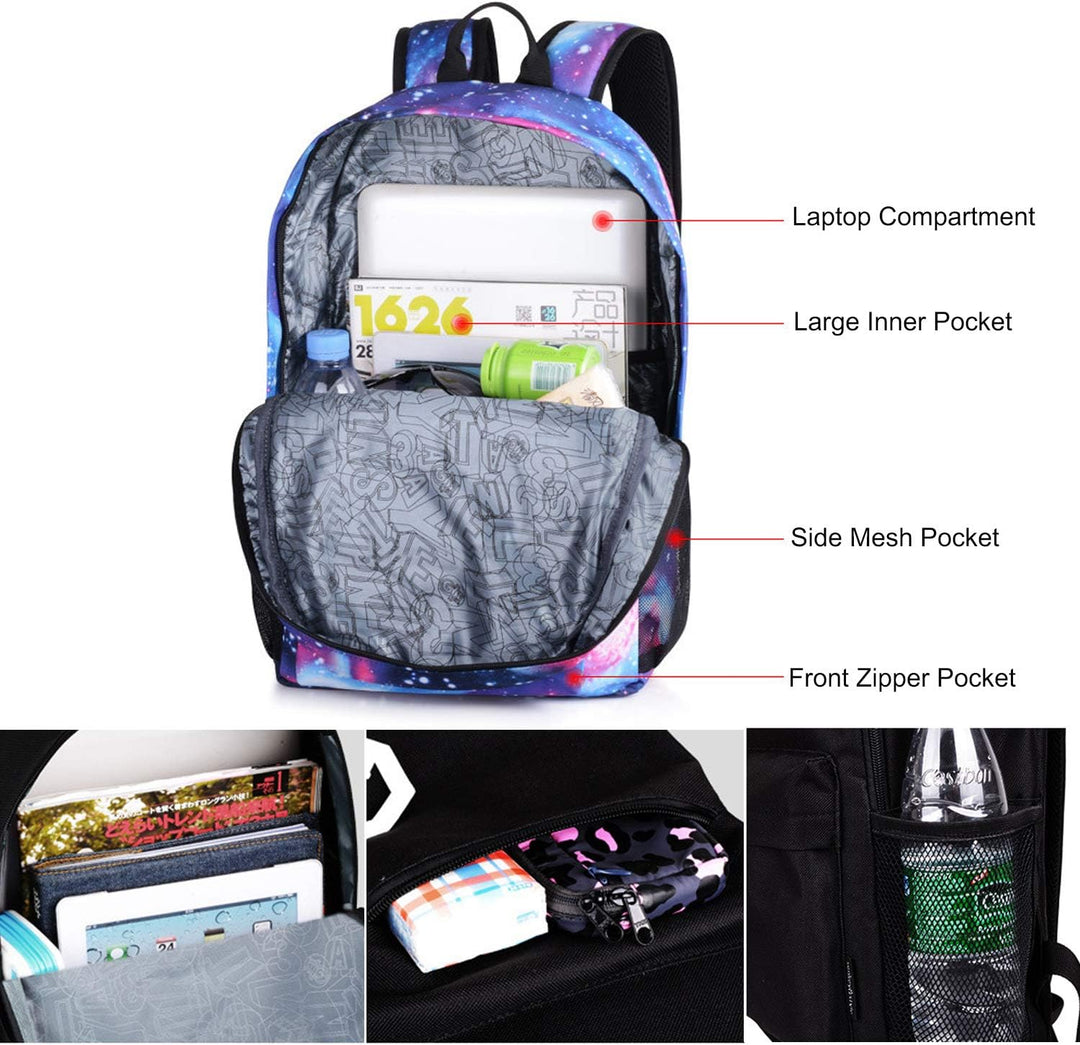 FANDARE Schulrucksack Galaxy Leuchtend Schultasche Junge Mädchen Rucksäcke Schulranzen mit USB Teena