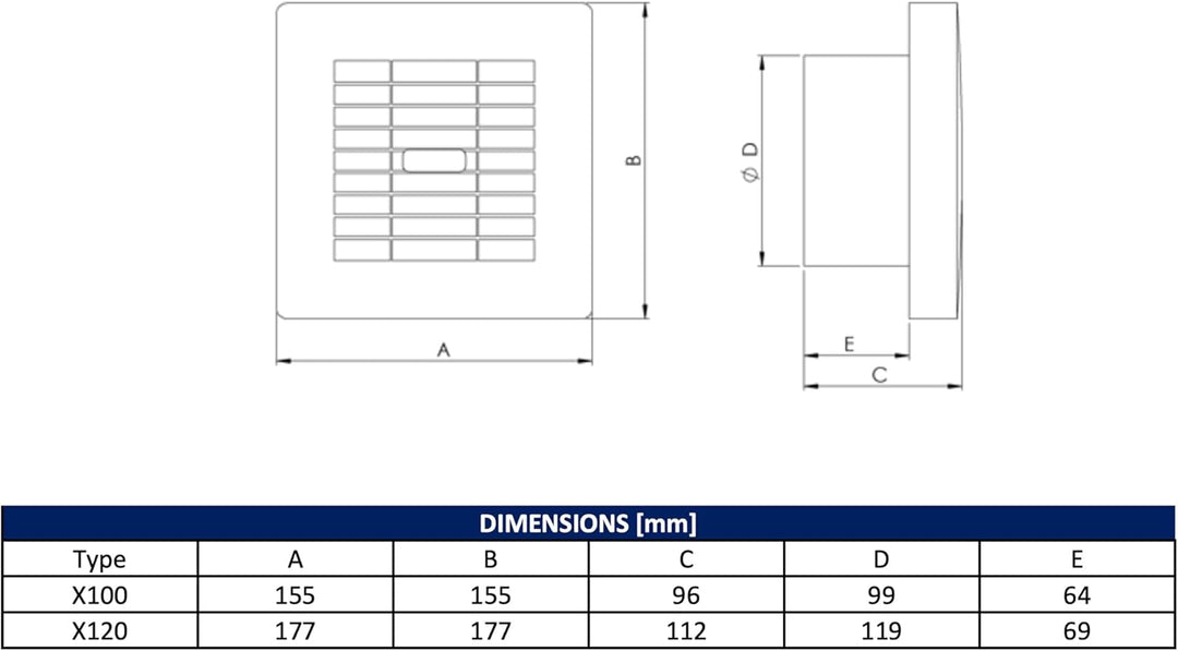 EUROPLAST Badlüfter 120 mm Abluftventilator mit elektrischem innenverschluss und nachlaufzeit Wandve