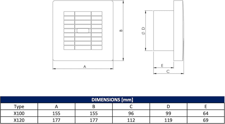 EUROPLAST Badlüfter 120 mm Abluftventilator mit elektrischem innenverschluss und nachlaufzeit Wandve