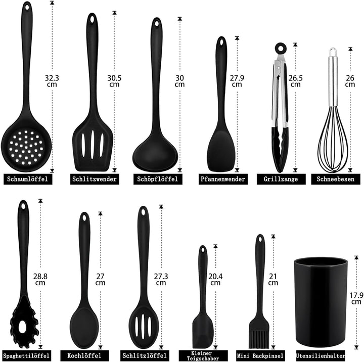Homikit Silikon Küchenhelfer Set, 12 Stück Schwarz Kochutensilien | Hitzebeständiger Kochgeschirr, K