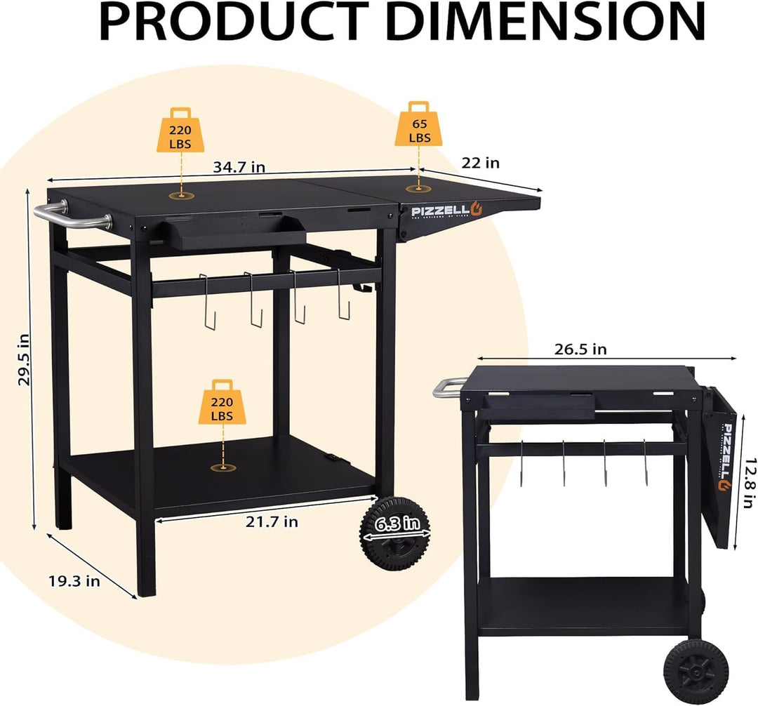 PIZZELLO Outdoor Grill Esswagen Beweglicher Pizzaofen Trolley BBQ Ständer Doppelregal Outdoor Workta