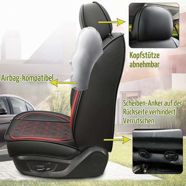 JDWBT Luxus Sitzbezug Auto Vordersitze,Schwarz Rot autositzbezüge Vordersitze Leder Universelle,scho