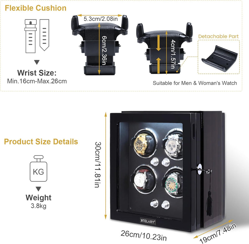 XTELARY Uhrenbeweger, Automatik Uhrenbeweger für 2/3/4/8 Uhren, Tastensperre zum Entriegeln, Ausgest